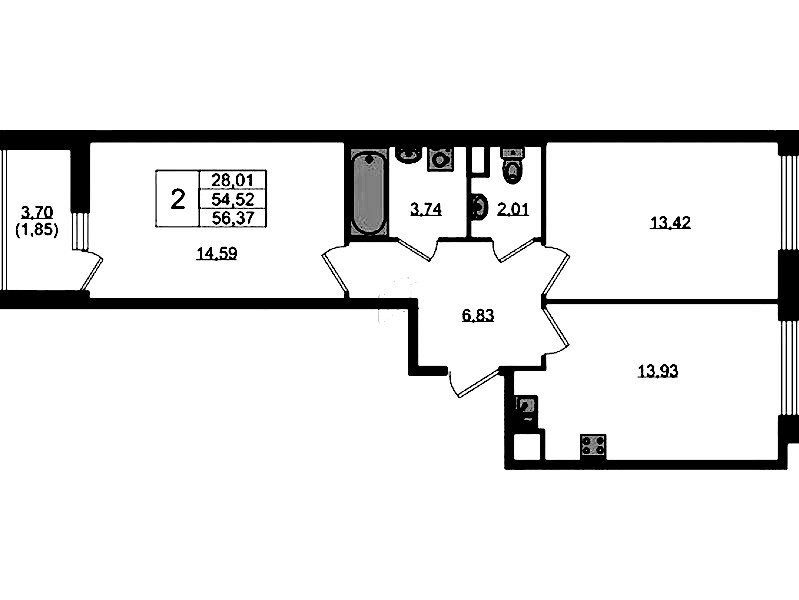 2-комнатная квартира 56.37 м², 2/10 эт., ЖК «UP! Квартал Новый Московский»